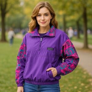 Vintage White Sierra Women’s L Purple Pink Aztec Nylon Windbreaker Pullover 90s